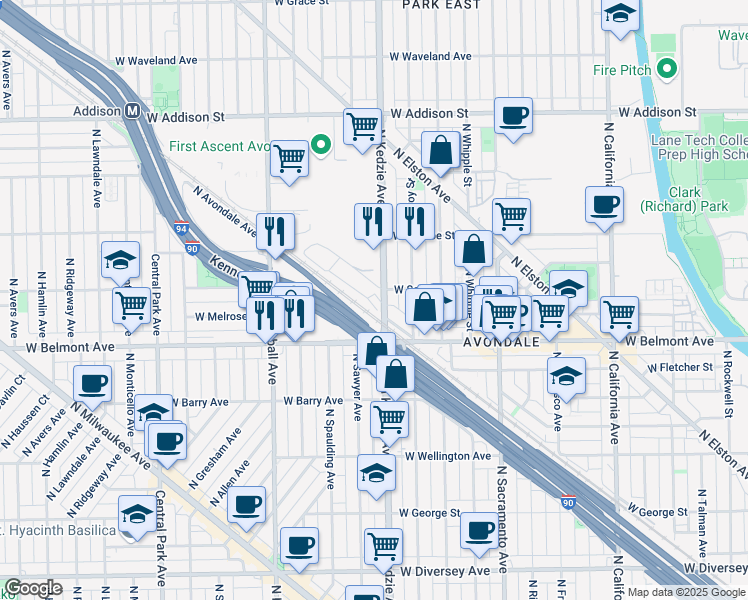 map of restaurants, bars, coffee shops, grocery stores, and more near 3236 North Kedzie Avenue in Chicago