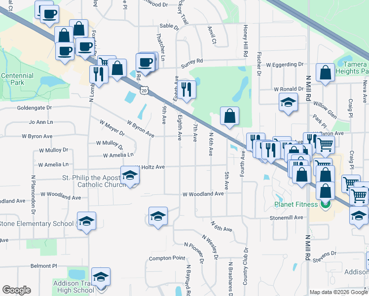 map of restaurants, bars, coffee shops, grocery stores, and more near 713 Eighth Avenue in Addison