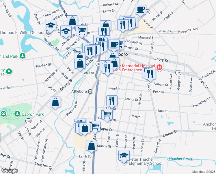 map of restaurants, bars, coffee shops, grocery stores, and more near 130 Union Street in Attleboro