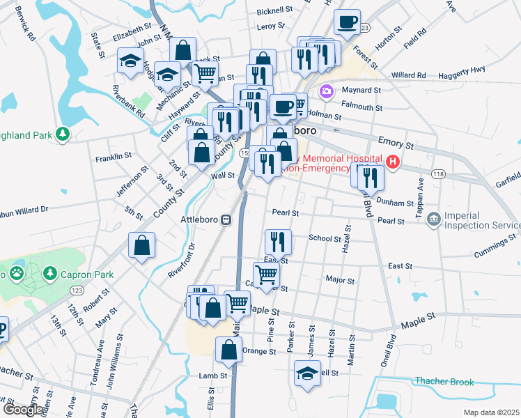 map of restaurants, bars, coffee shops, grocery stores, and more near 130 Union Street in Attleboro