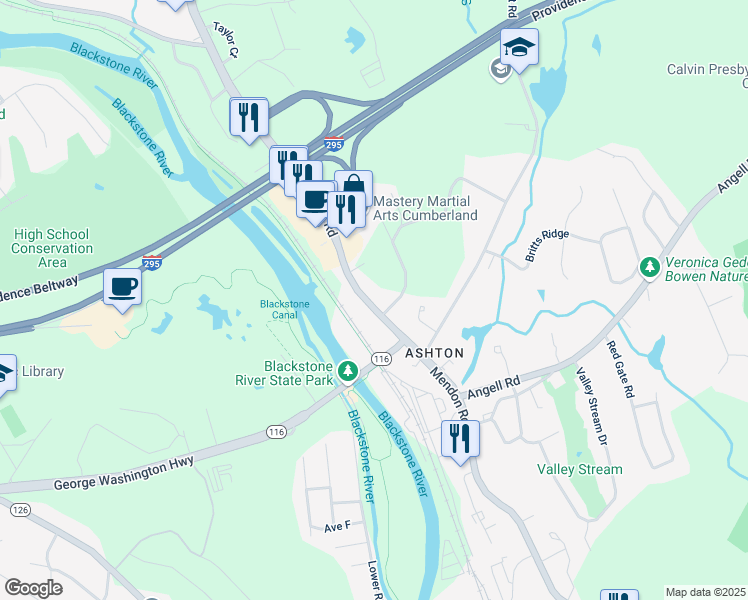 map of restaurants, bars, coffee shops, grocery stores, and more near 1590 Mendon Road in Cumberland