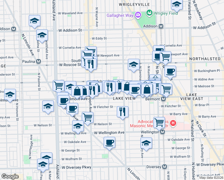 map of restaurants, bars, coffee shops, grocery stores, and more near 1222 West Belmont Avenue in Chicago