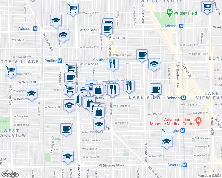map of restaurants, bars, coffee shops, grocery stores, and more near 1416 West Belmont Avenue in Chicago