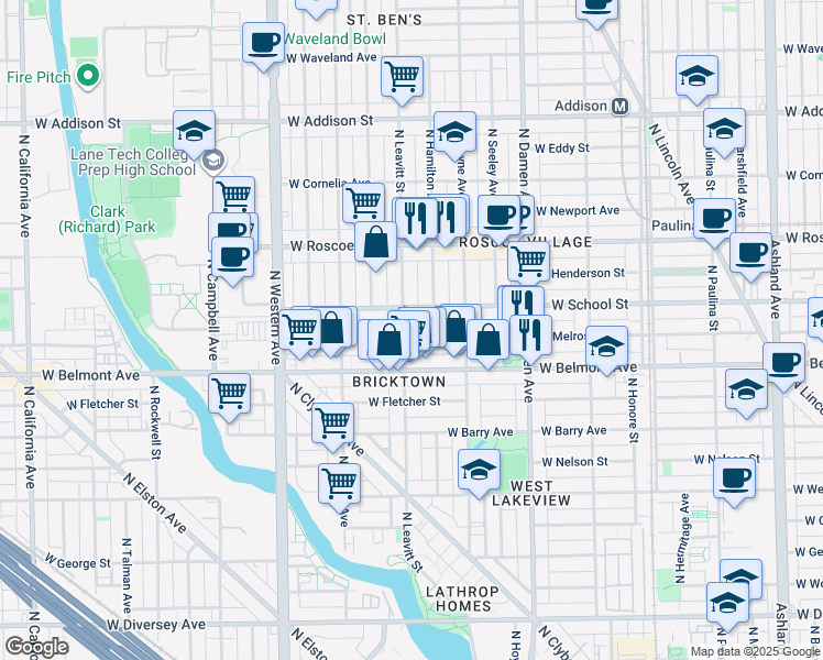 map of restaurants, bars, coffee shops, grocery stores, and more near 2143 West Melrose Street in Chicago