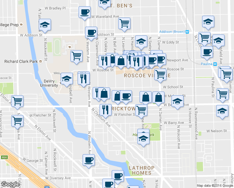 map of restaurants, bars, coffee shops, grocery stores, and more near 2219 West Melrose Street in Chicago