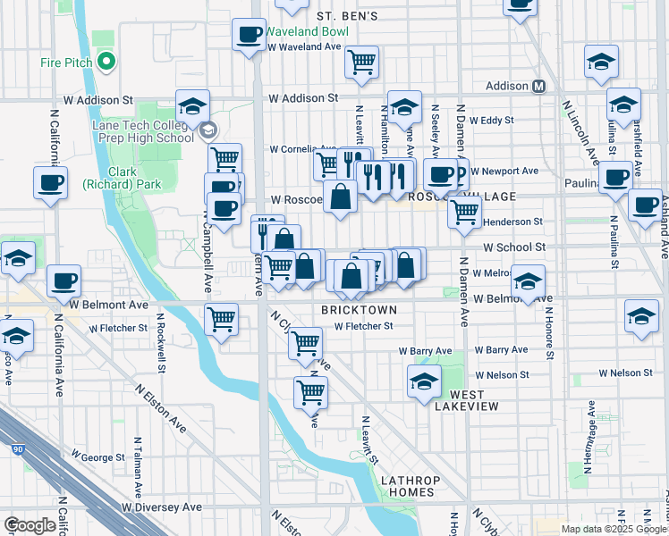 map of restaurants, bars, coffee shops, grocery stores, and more near 2219 West Melrose Street in Chicago