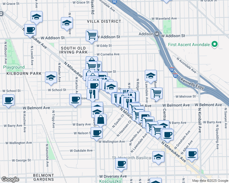 map of restaurants, bars, coffee shops, grocery stores, and more near 3231 North Springfield Avenue in Chicago