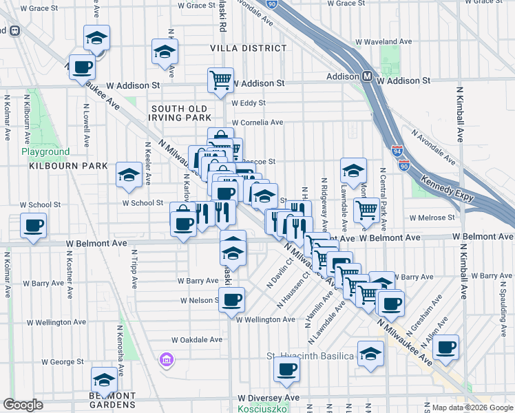 map of restaurants, bars, coffee shops, grocery stores, and more near 3256 North Milwaukee Avenue in Chicago
