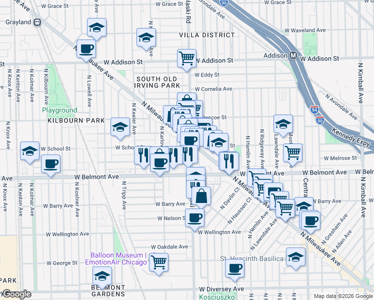 map of restaurants, bars, coffee shops, grocery stores, and more near 3224 North Pulaski Road in Chicago