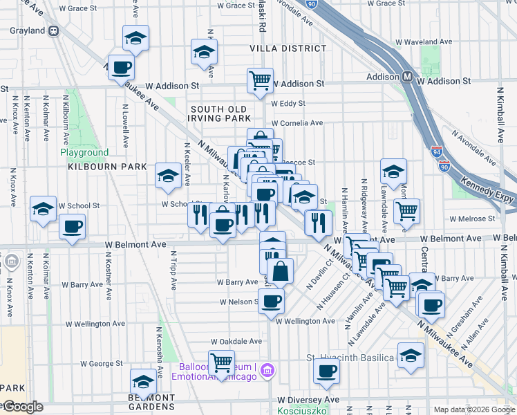 map of restaurants, bars, coffee shops, grocery stores, and more near 3224 North Pulaski Road in Chicago