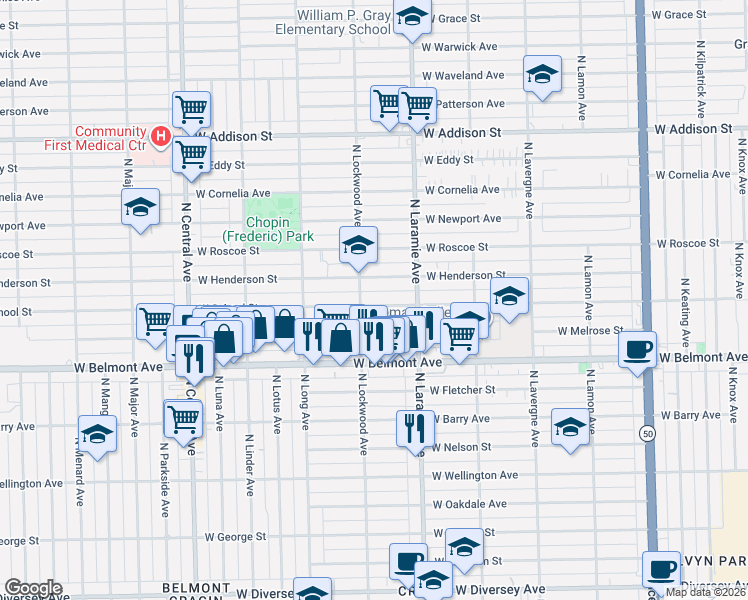 map of restaurants, bars, coffee shops, grocery stores, and more near 3241 North Lockwood Avenue in Chicago