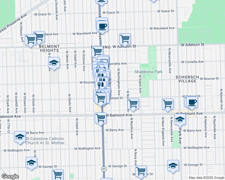 map of restaurants, bars, coffee shops, grocery stores, and more near 3309 North Neva Avenue in Chicago