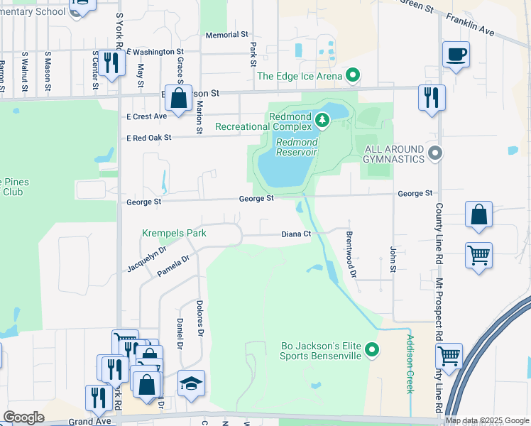 map of restaurants, bars, coffee shops, grocery stores, and more near 312 Gloria Jean Drive in Bensenville