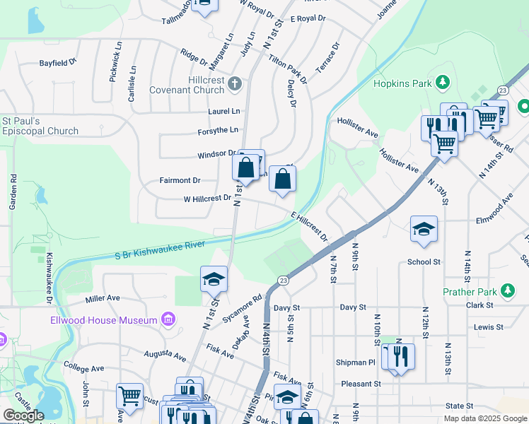 map of restaurants, bars, coffee shops, grocery stores, and more near 220 East Hillcrest Drive in DeKalb