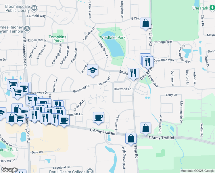 map of restaurants, bars, coffee shops, grocery stores, and more near 326 Colony Green Drive in Bloomingdale
