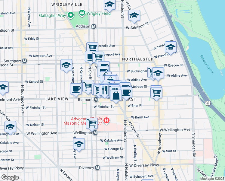 map of restaurants, bars, coffee shops, grocery stores, and more near 3223 North Clark Street in Chicago
