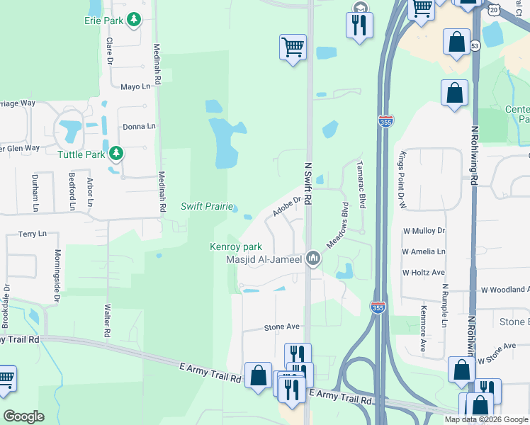 map of restaurants, bars, coffee shops, grocery stores, and more near 683 Western Lane in Addison
