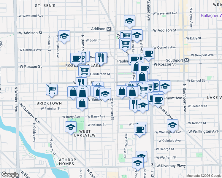 map of restaurants, bars, coffee shops, grocery stores, and more near 1828 West Belmont Avenue in Chicago