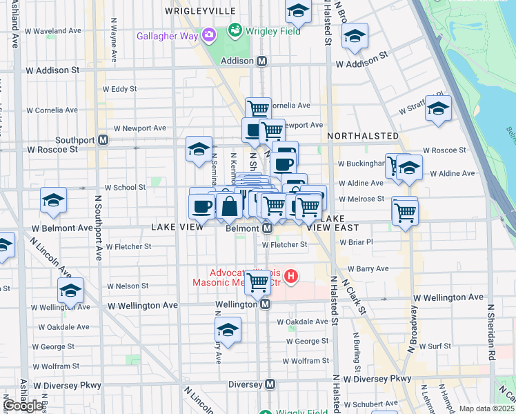 map of restaurants, bars, coffee shops, grocery stores, and more near 3223 North Sheffield Avenue in Chicago