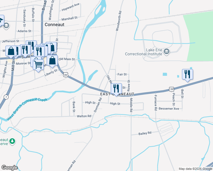 map of restaurants, bars, coffee shops, grocery stores, and more near 215 East Main Road in Conneaut