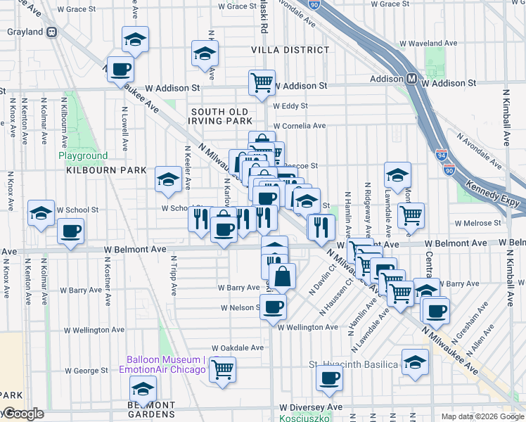 map of restaurants, bars, coffee shops, grocery stores, and more near 3224 North Pulaski Road in Chicago