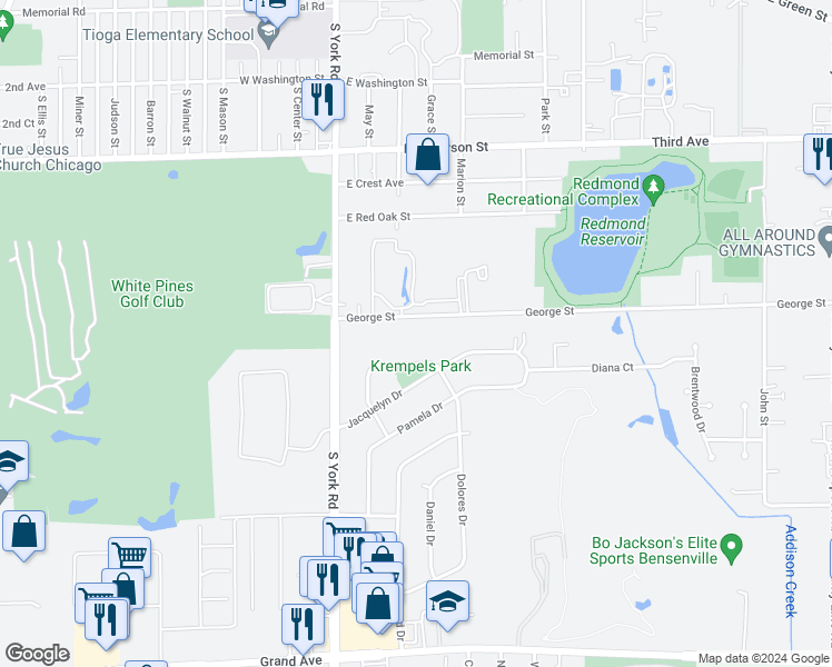 map of restaurants, bars, coffee shops, grocery stores, and more near 103 George Street in Bensenville