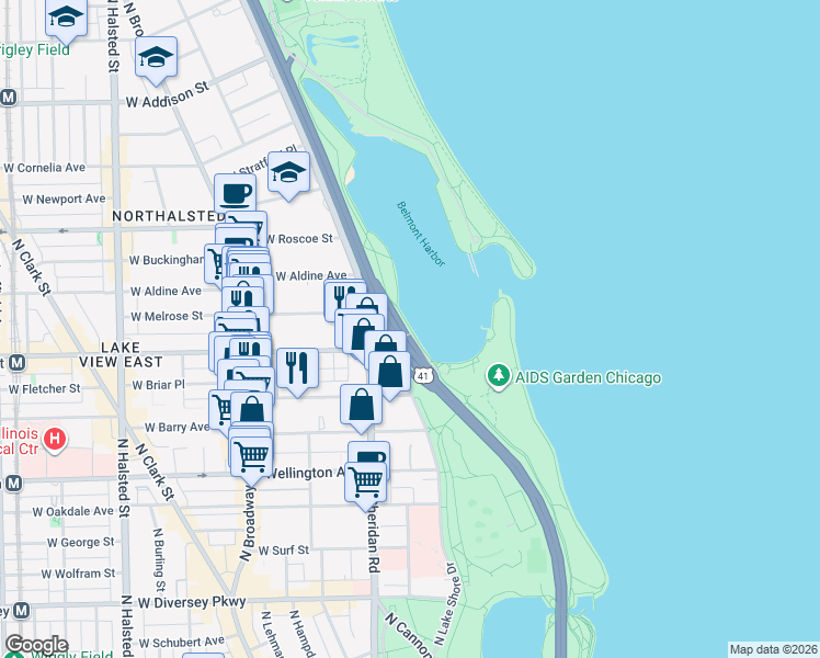 map of restaurants, bars, coffee shops, grocery stores, and more near Lakefront Trail in Chicago