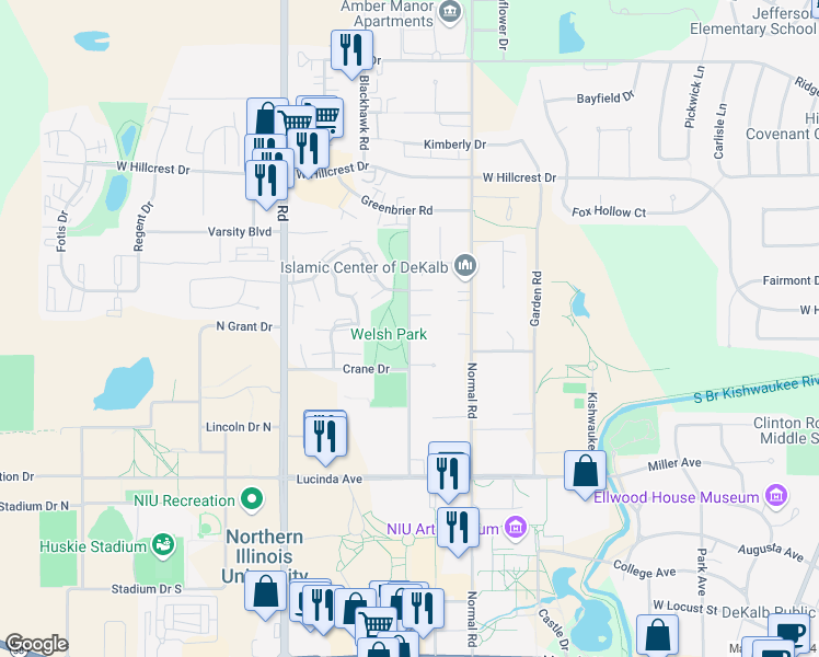 map of restaurants, bars, coffee shops, grocery stores, and more near 701 Russell Road in DeKalb
