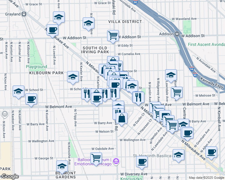 map of restaurants, bars, coffee shops, grocery stores, and more near 3224 North Pulaski Road in Chicago