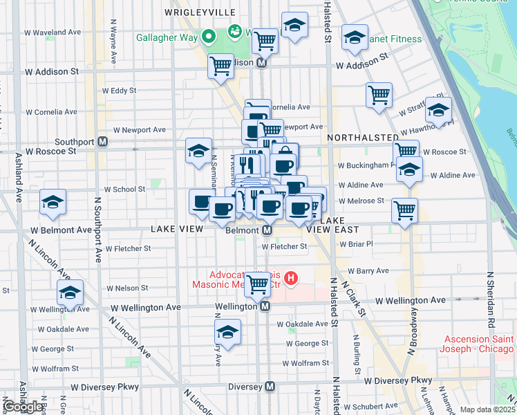 map of restaurants, bars, coffee shops, grocery stores, and more near 3227 North Sheffield Avenue in Chicago