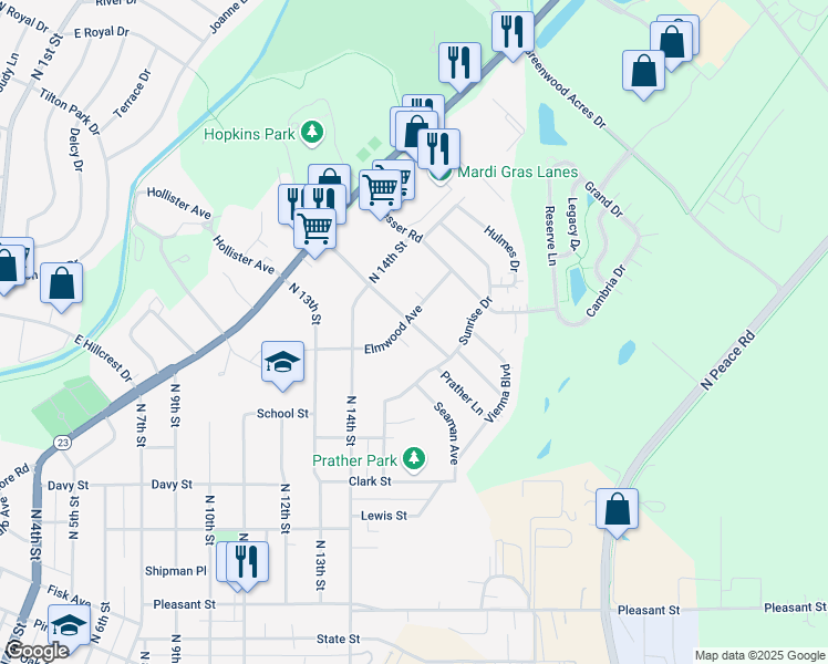 map of restaurants, bars, coffee shops, grocery stores, and more near 1514 Elmwood Avenue in DeKalb