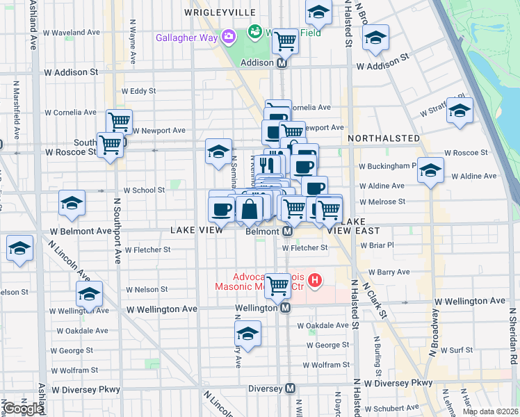 map of restaurants, bars, coffee shops, grocery stores, and more near 3229 North Kenmore Avenue in Chicago