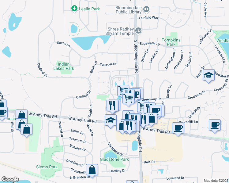 map of restaurants, bars, coffee shops, grocery stores, and more near 165 North Waters Edge Drive in Glendale Heights