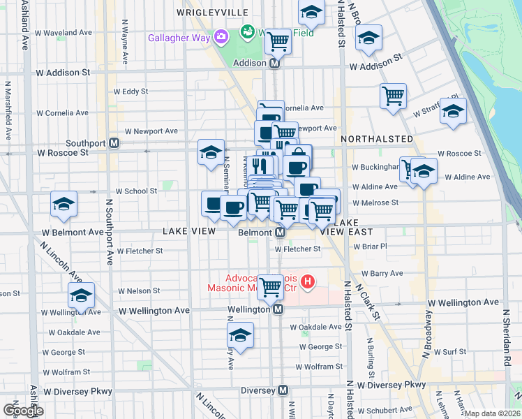 map of restaurants, bars, coffee shops, grocery stores, and more near 3257 North Sheffield Avenue in Chicago