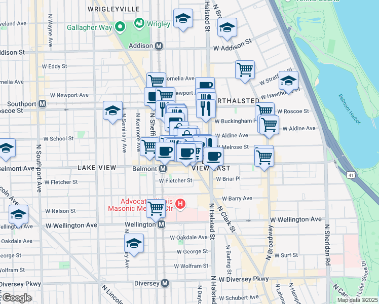 map of restaurants, bars, coffee shops, grocery stores, and more near 3229 North Clark Street in Chicago