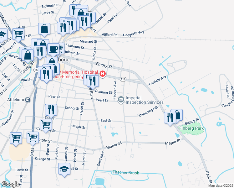 map of restaurants, bars, coffee shops, grocery stores, and more near 6 Tappan Avenue in Attleboro