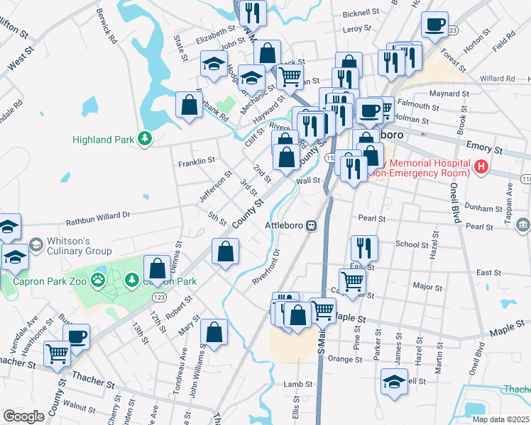map of restaurants, bars, coffee shops, grocery stores, and more near 119 County Street in Attleboro