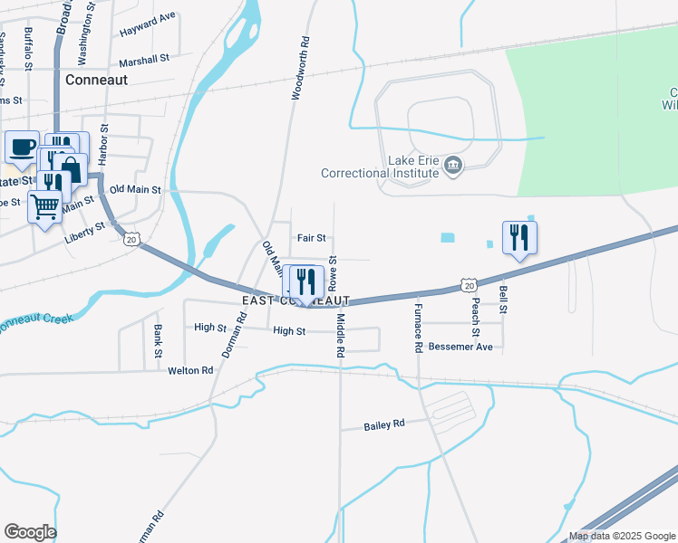 map of restaurants, bars, coffee shops, grocery stores, and more near 264 Salem Street in Conneaut