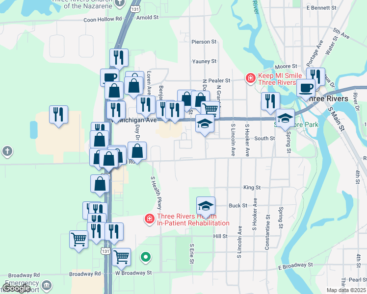 map of restaurants, bars, coffee shops, grocery stores, and more near 60 Matthew Drive in Three Rivers
