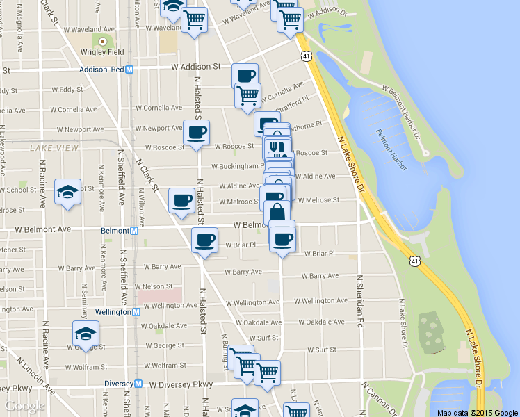 map of restaurants, bars, coffee shops, grocery stores, and more near 3257 North Broadway in Chicago