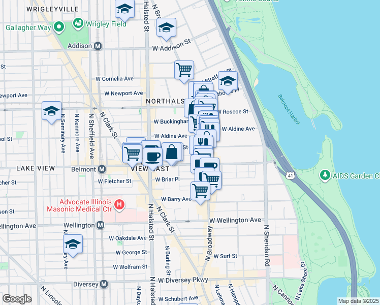 map of restaurants, bars, coffee shops, grocery stores, and more near 653 West Aldine Avenue in Chicago