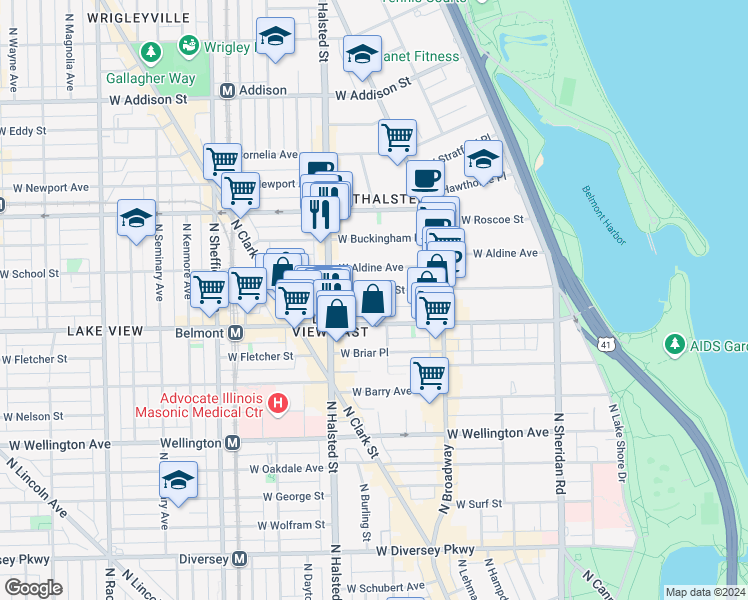 map of restaurants, bars, coffee shops, grocery stores, and more near 729 West Aldine Avenue in Chicago