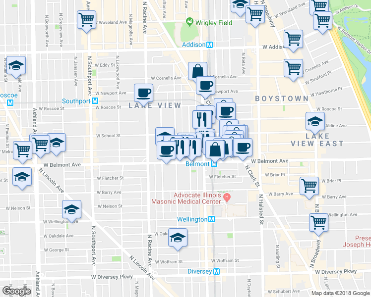 map of restaurants, bars, coffee shops, grocery stores, and more near 3252 North Kenmore Avenue in Chicago