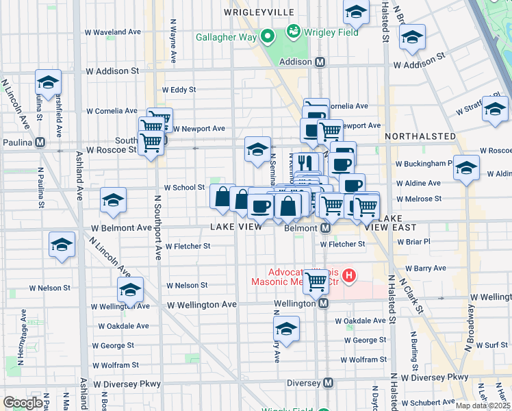 map of restaurants, bars, coffee shops, grocery stores, and more near 3256 North Seminary Avenue in Chicago