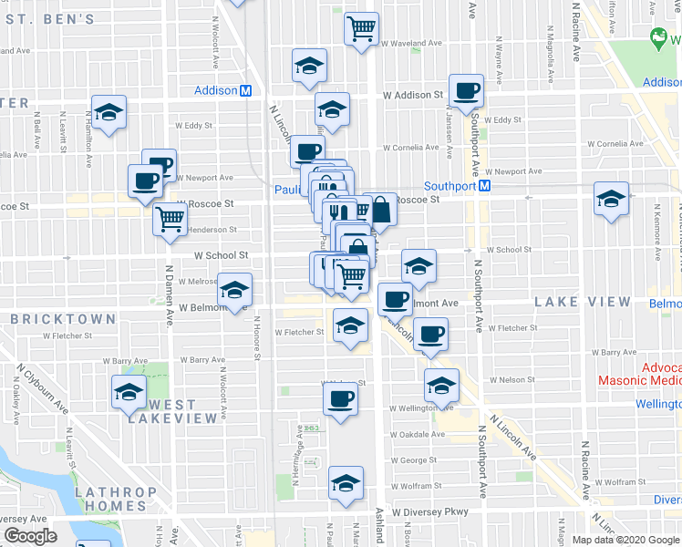 map of restaurants, bars, coffee shops, grocery stores, and more near 3300 North Lincoln Avenue in Chicago
