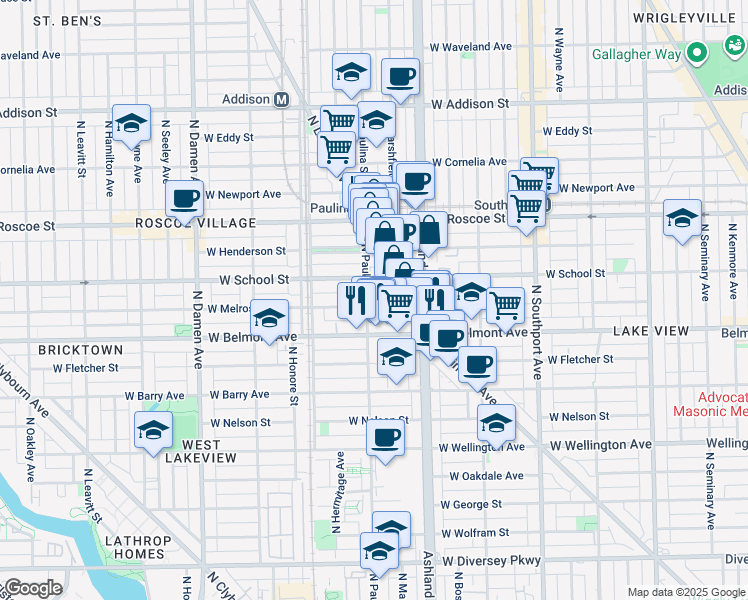 map of restaurants, bars, coffee shops, grocery stores, and more near 3300 North Lincoln Avenue in Chicago