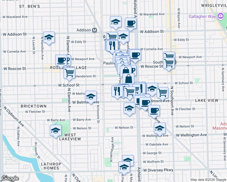 map of restaurants, bars, coffee shops, grocery stores, and more near 1716 West School Street in Chicago