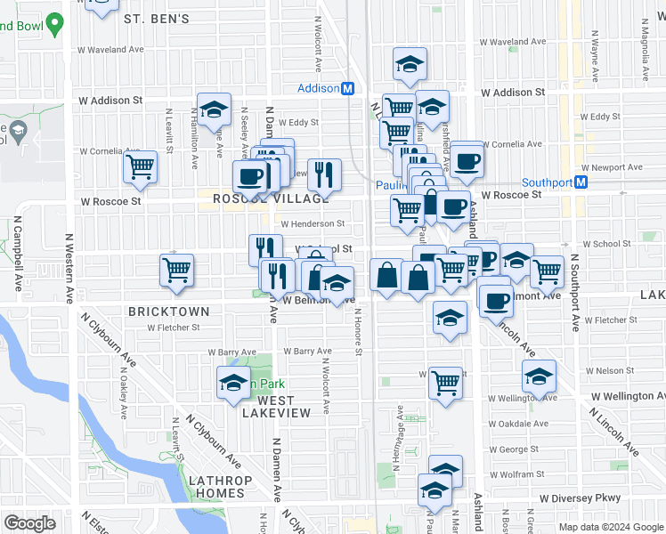 map of restaurants, bars, coffee shops, grocery stores, and more near 1826 West School Street in Chicago