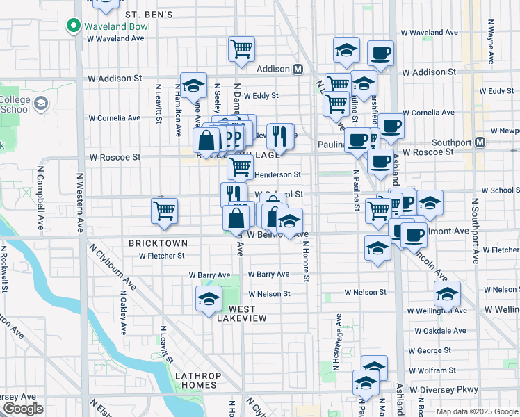 map of restaurants, bars, coffee shops, grocery stores, and more near 1910 West School Street in Chicago