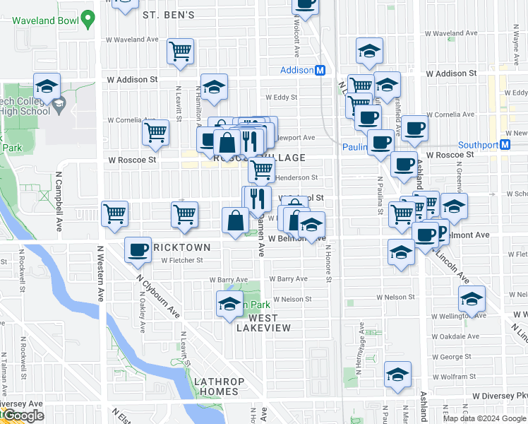 map of restaurants, bars, coffee shops, grocery stores, and more near 1952 West School Street in Chicago